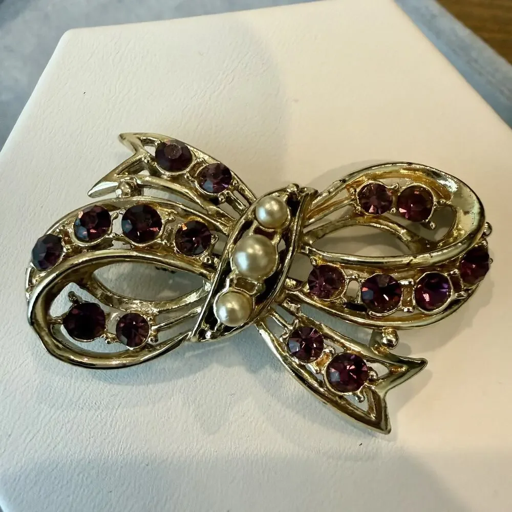 Vintage Purple Rhinestone Crystal Brooch Pin Bow Faux Pearls Feminine